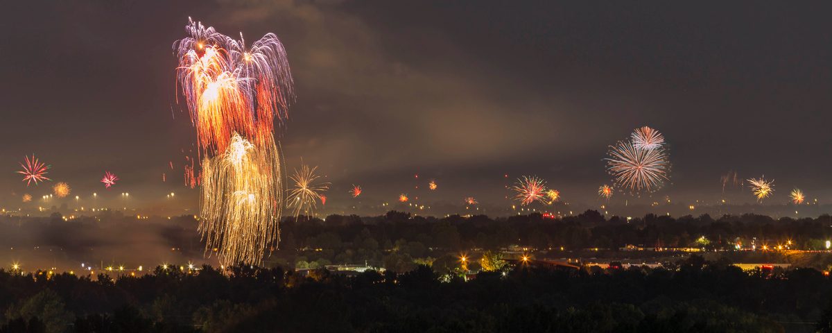 Fireworks exploding over a wide view of city lights at night