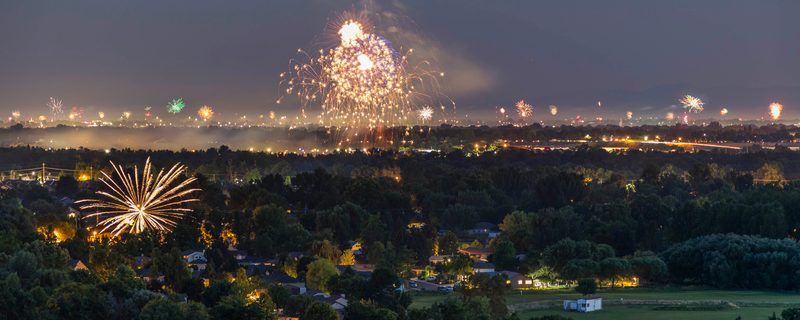 Several fireworks bursting over a valley of city lights at dusk