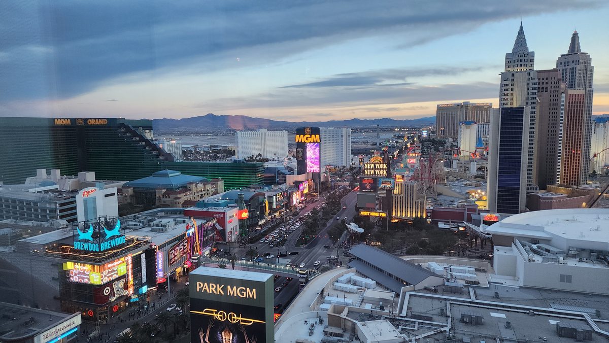 The Las Vegas Strip and New York-New York towers at dusk from above