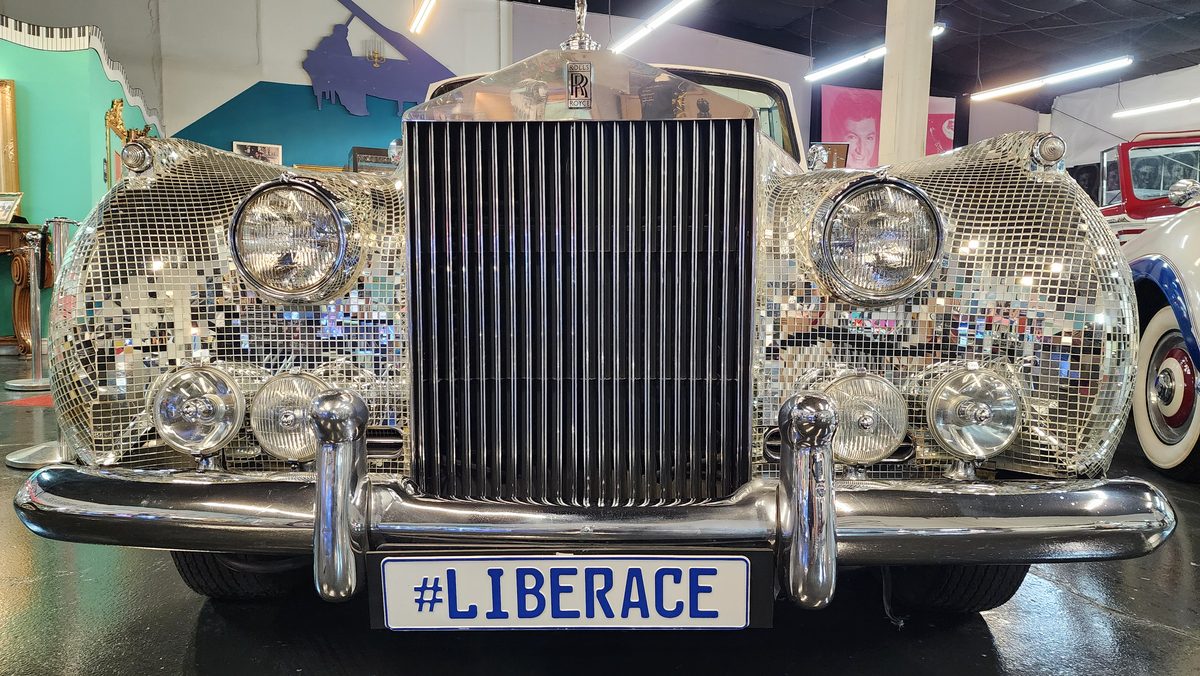 Liberace's mirror-tiled Rolls-Royce on display in a car museum