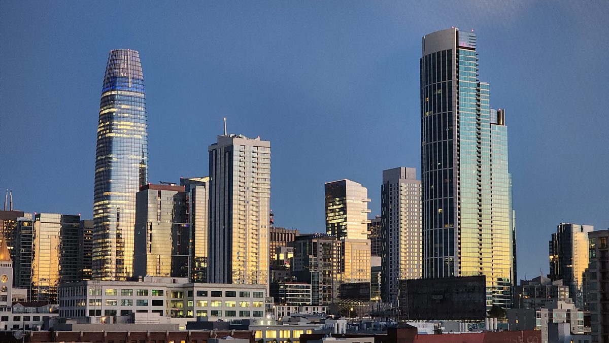 San Francisco skyscrapers glowing in the early morning light