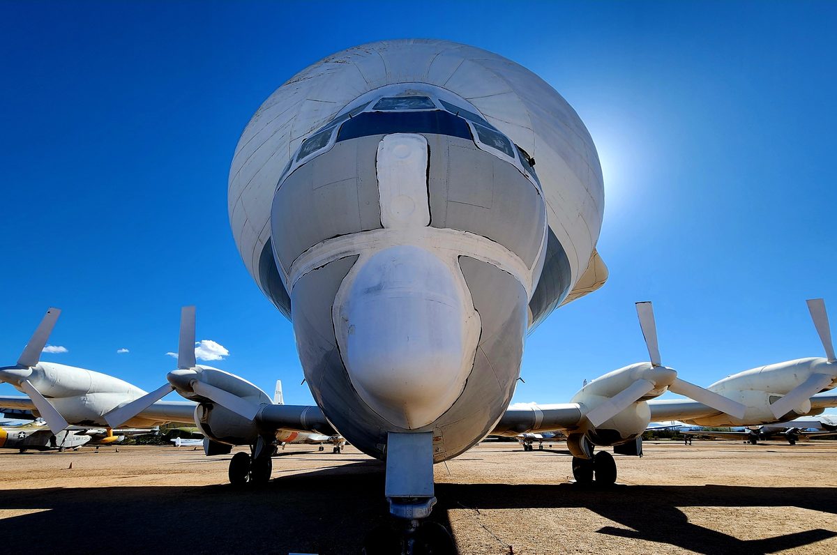 The bulbous nose of a Super Guppy cargo plane at an air museum